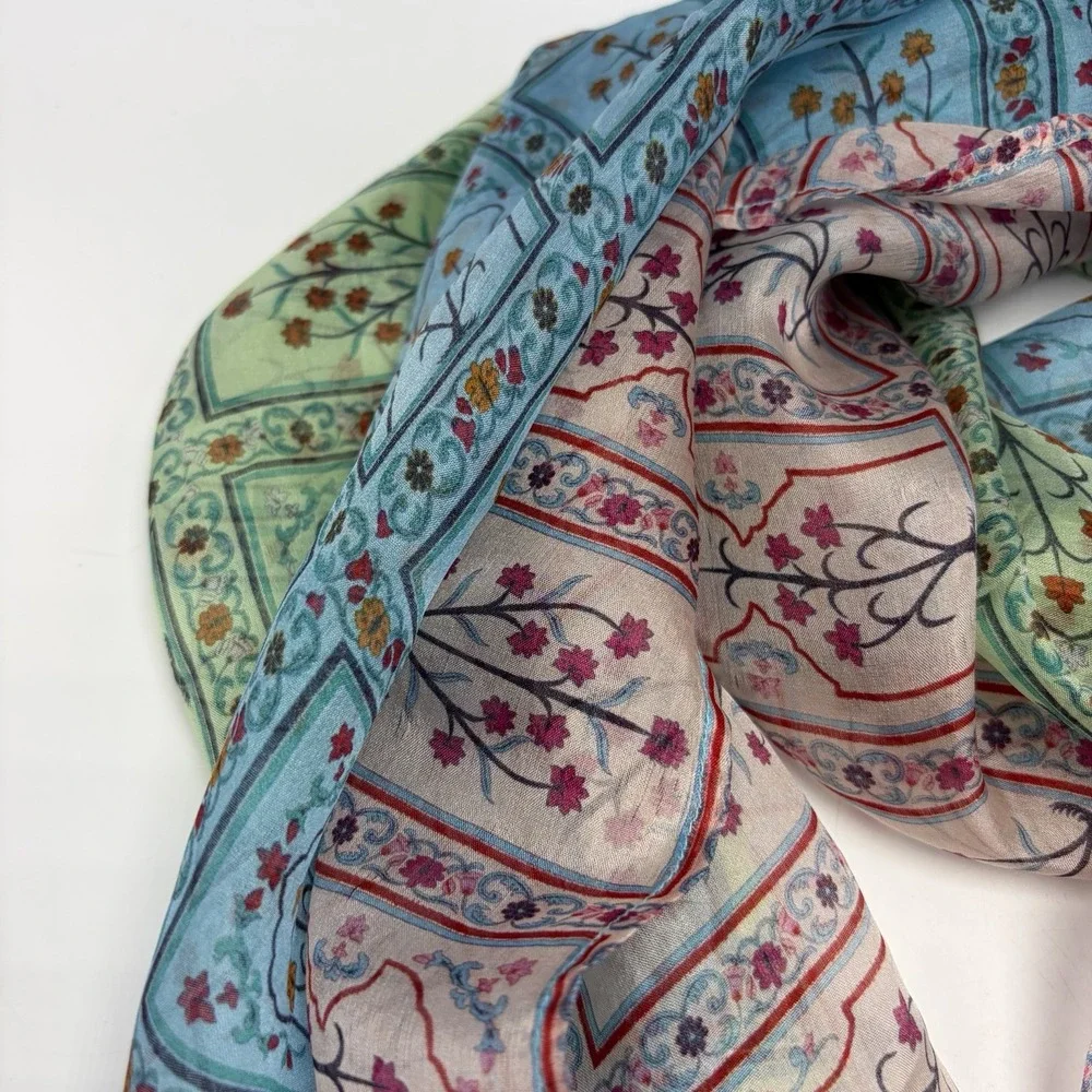 World Market Silk Scarf Floral Teal Asian Rectangle Feminine Prairie Coquette